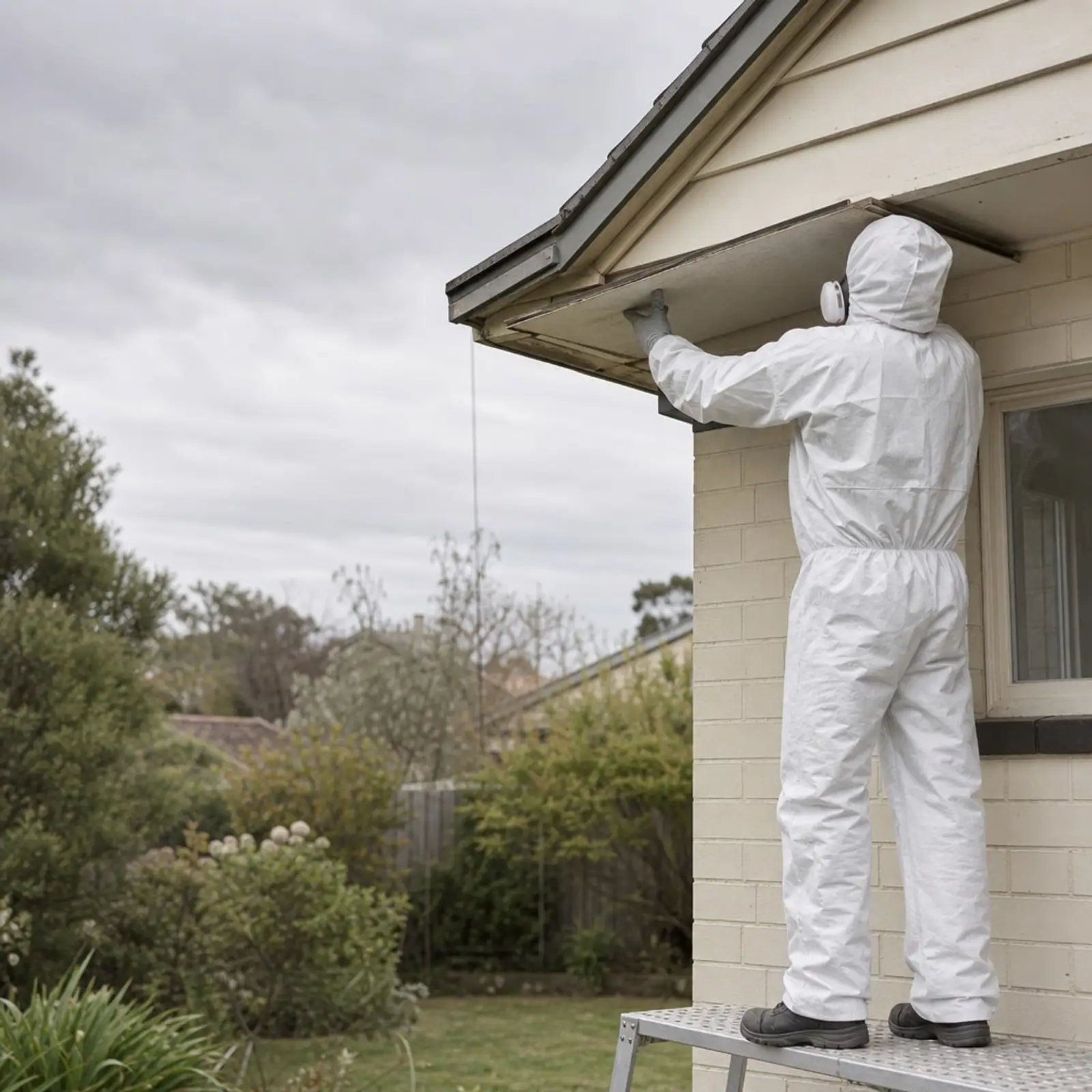 Licensed asbestos removalist in protective gear removing eaves sheeting from a Melbourne home