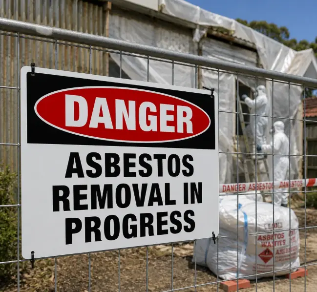 Fenced asbestos removal work area with warning signage and wrapped waste